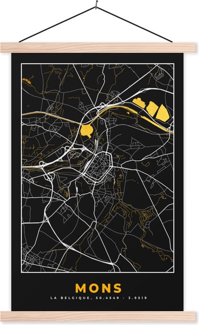Posterhanger incl. Poster 40x60 cm - Schoolplaat - Mons - Black & gold - Stadskaart - Plattegrond - Kaart - Textielposter - Blanke latten - Stadskaart