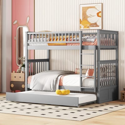 MEUNIQ stapelbed 90x200 cm met uitschuifbed en ladder, deelbaar kinderbed van grenenhout en MDF, hoge bedhekken, 205 x 95 x 160 cm, grijs