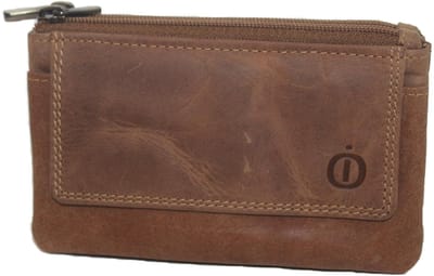 OI Hunter bruine lederen sleutelbeursje dubbel / sleuteletui large met 2 sleutelringen / soepel rits portemonneetje met ringen voor sleutels / Hunter bruin leer / 165H