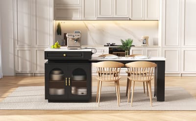 MODFU Keukeneiland Met Uitschuifbare Eettafel En Ledverlichting - Modern - Voor Keuken En Eetkamer - MDF En Glas - Zwart