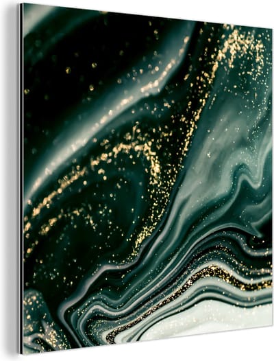 Wanddecoratie Metaal - Aluminium Schilderij Industrieel - Marmerlook - Goud - Groen - Glitter - Design - Marmer - 90x90 cm - Dibond - Foto op aluminium - Industriële muurdecoratie - Voor de woonkamer/slaapkamer
