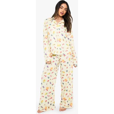 boohoo Dames Gemengde Fruit Print Lange Mouw Shirt & Broek Pyjamaset | Citroen | Maat: 38