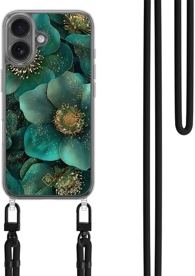 Casimoda® hoesje met zwart koord - Geschikt voor iPhone 17 - Emerald Flowers - Afneembaar koord - TPU/polycarbonaat - Groen