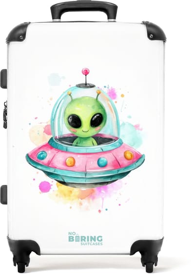 NoBoringSuitcases.com - Grote koffer - Alien in een kleurrijke ufo - Kinderkoffer geschikt voor jongen en meisjes - Reiskoffer met 4 wielen - Trolley op wieltjes - Rolkoffer groot kinderen - 72 liter - Ruimbagage valies 20kg