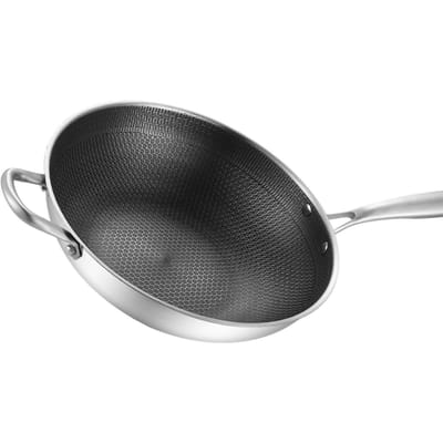 Wok en Acier Inoxydable Double Face Nid d'Abeille 3 Couches Antiadhésif Nettoyage Facile Wok pour Cuisine 32cm 12.6in (Non 32cm/12.6in (No Lid and with Ears)