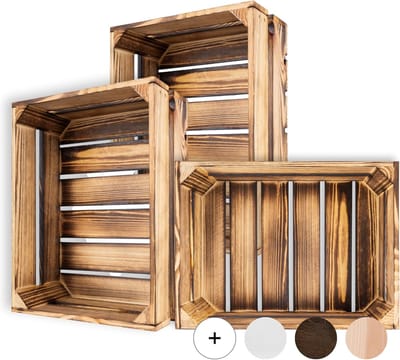 Creative Deco 3 x Gevlamde Houten Doos | 40 x 30 x 15 cm | Vintage Houten Mand | Ideaal voor Opslag Gift Decoratie DIY Ambachten | voor Documenten Speelgoed Gereedschap