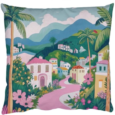 Sierkussens - Kussentjes Woonkamer - 50x50 cm - Kleurrijk - Huizen - Heuvels - Roze