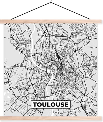 Posterhanger incl. Poster 40x40 cm - Schoolplaat - Kaart - Stadskaart - Frankrijk - Toulouse - Plattegrond - Textielposter - Blanke latten - Stadskaart