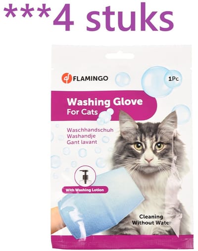 Flamingo washandje met waslotion ** 4 X ** voor katten, reinigt zonder water. als het efkes snel moet of als uw kat niet van baden en douches houdt.