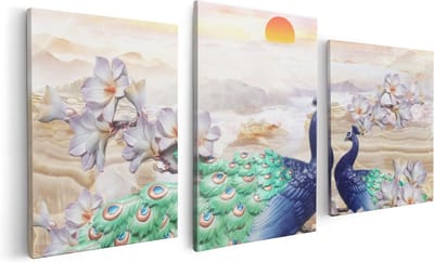 Artaza Canvas Schilderij Drieluik Twee Pauwen Bij Elkaar Met Bloemen - Liefde - 120x60 - Foto Op Canvas - Canvas Print