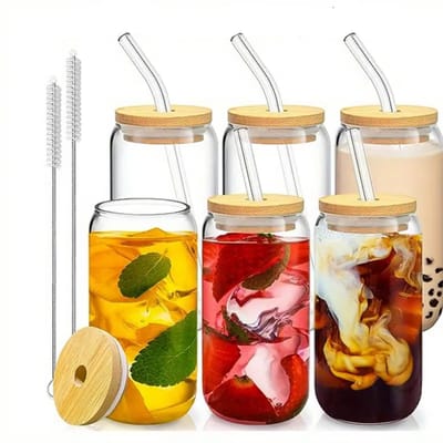 Dutchers® Glazen Drinkfles - 6 stuks - BPA vrij - 500ml - Met rietje - Koffiebeker - Drinkbeker - Bierglas - Frisdrank - Ideaal om mee te nemen - Geen giftig plastic in je drinken - Cocktail & ijskoffie glas