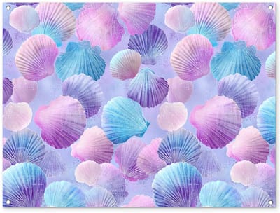 Tuinposter 120x90 cm - Tuindecoratie Schelpen - Paars - Blauw - Patroon - Poster voor in de tuin - Buiten decoratie - Schutting tuinschilderij - Tuindoek muurdecoratie - Wanddecoratie balkondoek