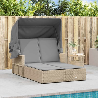 vidaXL - Ligbed - 2-persoons - luifel - en - kussens - poly - rattan - gemengd - beige