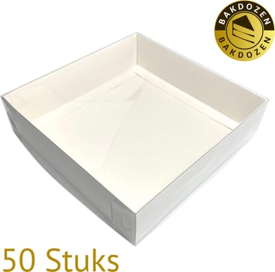 Bakdozen.nl Gebaksdoos Karton - Bonbondoos - Transparant Deksel - Wit - 50 Stuks - ( 20cm x 20cm x 5cm) Sweetbox