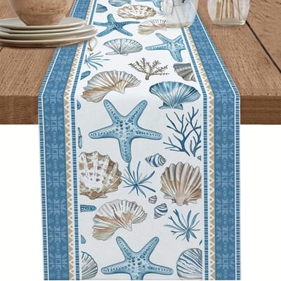 Oceaan Zeester Schelp Koraal Blauw Gestreept Linnen Tafel Runner Feestdecoratie Zomer Nautisch Thema Tafelkleed Home Decor 150x33cm gray