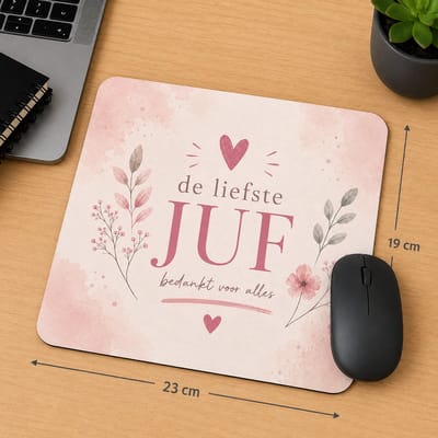 Muismat De Liefste Juf – 23 x 19 cm – Bedankt Juf – Juffendag Cadeau – Roze Bloemen Design – Cadeau Einde Schooljaar
