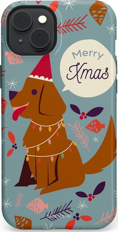 Casetastic hoesje geschikt voor Apple iPhone 15 Plus - MagSafe - Dubbellaagse bescherming - Merry Christmas Hond - Fashion Case - Zilver Bruin Saliegroen Rood