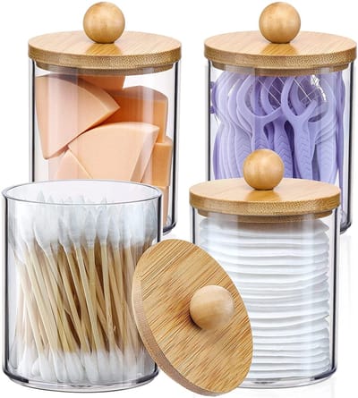 longziming -4-delige Wattenschijfjes en Wattenstaafjes Houder Set – Transparante Acryl Opbergdoos met Deksel – Stofvrije Wattenschijfjes Dispenser voor Badkamer, Make-up en Cosmetica Organisatie