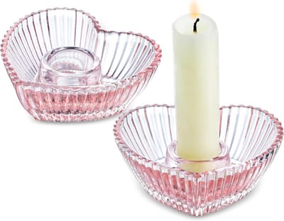 Set van 2 Roze Glazen Kandelaars Hartvormig voor Decoratie en Dineren