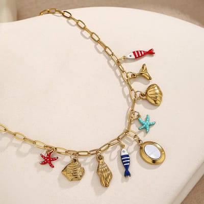Boho Email Kleurrijke Zeester Vis Schelp Bedel Ketting Roestvrij Staal Kettingen Voor Vrouwen Strand Oceaan Sieraden beige