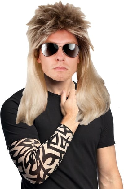 Boland Rocker/biker verkleed set voor heren - Carnaval verkleed pruik blond - met 2 Tattoo sleeves black tribal