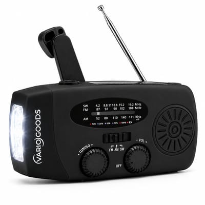 Variogoods Noodradio Solar - 2000mAh Powerbank - LED Zaklamp - Opwindbaar via Handcrank & Zonne-energie - AM/FM/SW - Voor Noodpakket & Camping - Zwart