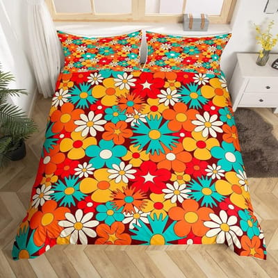 Retro jaren 70 Hippie Stijl Dekbedovertrek Queen Microfiber Psychedelisch Paddenstoelen Beddengoed Set Kamer Decoratie Cadeaus Regenboog Bloemen Dekbedovertrek EU Single(135*200cm)3pcs