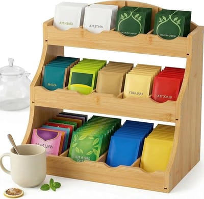Bamboe Theeopslag Organizer met 12 Compartimenten voor Keuken en Kantoor, Ideaal voor Suiker en Specerijen, 30.8 x 25 x 20.5 cm
