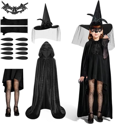 Zwarte Cape met Kap van Fluweel voor Vampier Kostuum, Halloween, Carnaval, Feest, Inclusief Masker en Kant Armband