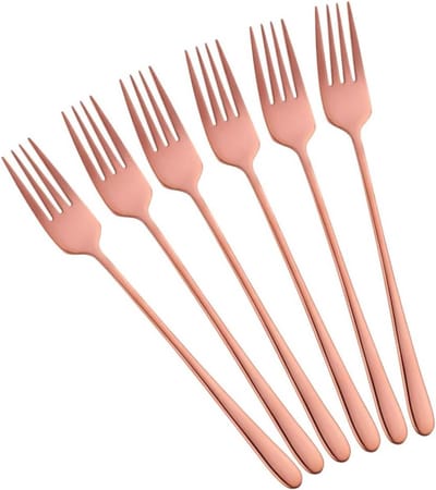 Set van 6 Roze Gouden Tafelvorken van RVS met Lange Handgreep voor Steak en Vlees, Perfecte Keukenaccessoires