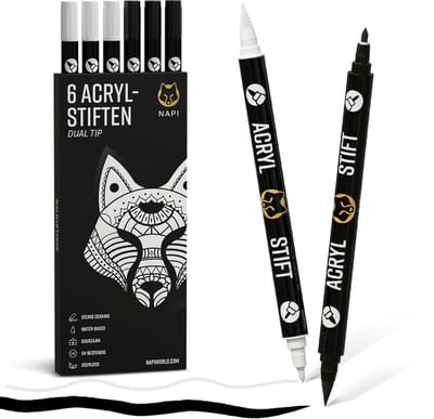 Napi Acrylstiften 6st Zwart/Wit - Brush en Fine Tip Twinmarkers - Verfstiften Happy Stones - Stenen Schilderen met Acryl Verf Marker Stiften - Volwassenen en Kinderen