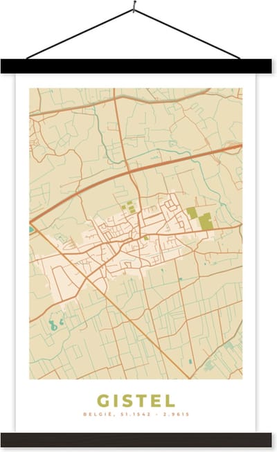Posterhanger incl. Poster 40x60 cm - Schoolplaat - België - Gistel - Stadskaart - Kaart - Plattegrond - Textielposter - Zwarte latten - Stadskaart