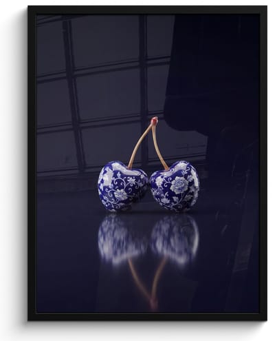 Poster in lijst - Fotolijst 60x80 cm - Posters - Porselein- Kersen - Delfts - Blauw - Posterlijst zwart - Decoratie - Wanddecoratie woonkamer - Muurdecoratie slaapkamer