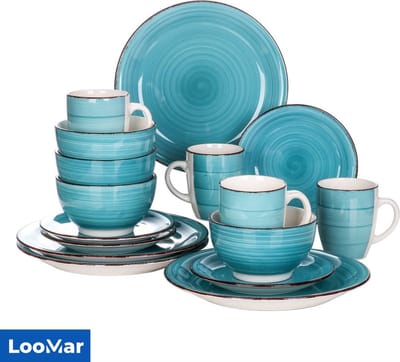 LooMar Serviesset – 16 delig – 4 persoons – Porselein - Luxe – Bordenset – Dinner platen – Dessertborden - Licht Blauw - Wit