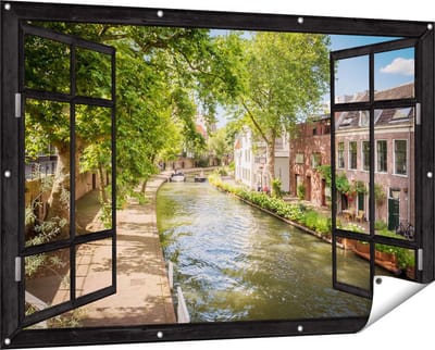 Gards Tuinposter Doorkijk Oudegracht in Utrecht - 150x100 cm - Tuindoek - Tuindecoratie - Wanddecoratie buiten - Tuinschilderij