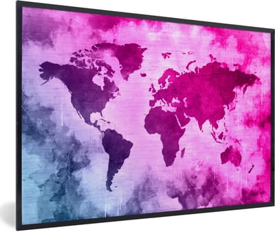 Poster in lijst - Fotolijst 90x60 cm - Posters - Wereldkaart - Blauw - Roze - Posterlijst zwart - Decoratie - Wanddecoratie woonkamer - Muurdecoratie slaapkamer