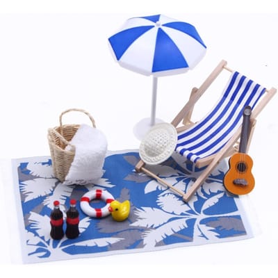 Poppenhuis Zomerstrand Micro Landschap Mini Zonnescherm Parasol Palmboom Sauna Ligstoelen Slippers Kokosboom Feeëntuin Decoratie 1set blue