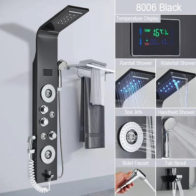 Douche - Regendouche - Douchewand - Douchekolom - Douchepanelen - Zwart - Matte LED Douchepaneel met Waterval, Regendouche en Massagejets