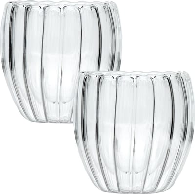 Intirilife 2x Dubbelwandig thermoglas - Gestreepte stijl - 190ml inhoud - Mondgeblazen geïsoleerd voor latte macchiato, als theeglas of koffieglas met handvat