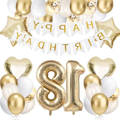 Feestelijke Versiering voor 18e Verjaardag met Gouden Folie Ballonnen, Gelukkige Verjaardagsbanner en Ster- en Hartballonnen in Wit en Goud