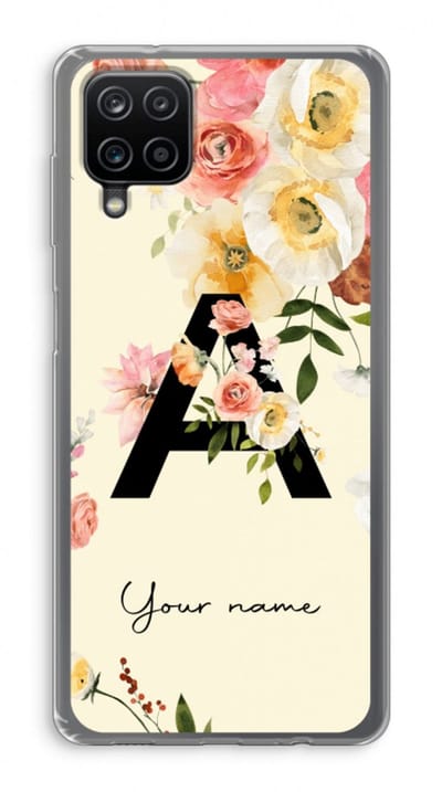 Gepersonaliseerd - Case Company® - Hoesje geschikt voor Samsung Galaxy A12 hoesje - Flirty Flowers Monogram - Soft Cover Telefoonhoesje - Bescherming aan alle Kanten en Schermrand