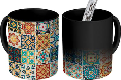 Magische Mok - Foto op Warmte Mokken - Koffiemok - Bloemen - Vintage - Patroon - Blauw - Oranje - Magic Mok - Beker - 350 ML - Theemok