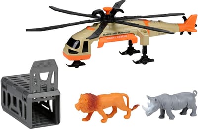 Eddy Toys Dierenreddingshelikopter met Licht & Geluid - Inclusief Speeldieren en Transportkooi - Robuust Speelgoedvoertuig - 39x11,5x15,5 cm - Beige/Oranje/Zwart
