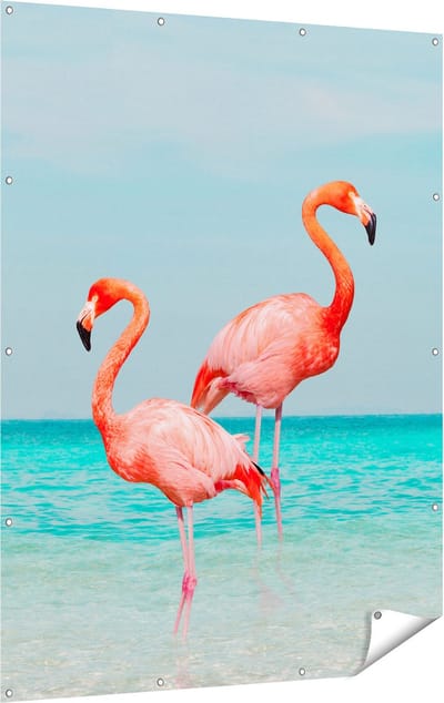 Gards Tuinposter Twee Flamingo's in het Water - 120x160 cm - Tuindoek - Tuindecoratie - Wanddecoratie buiten - Tuinschilderij
