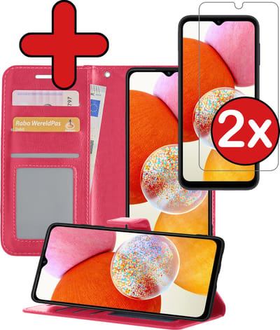 Hoesje - Met 2x Screenprotector - Geschikt voor Samsung Galaxy A14 - Luxe Pasjeshouder - Flip Case - Bookcase Portemonee - Kunstleer Book Case - Flipcase Hoes - Book Cover - Walletcase - Portemonneehoes - Telefoonhoes - Donkerroze