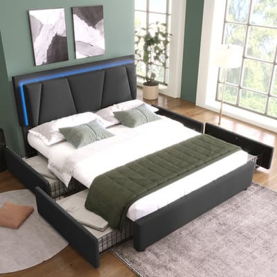 DESMIU Gestoffeerd Bed 140x200cm – Tweepersoonsbed Met Matras – Verstelbaar Hoofdeinde En Ledverlichting – 4 Lades – Slaapkamer – Hout – Grijs