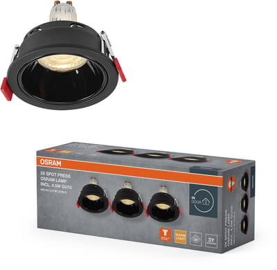 OSRAM Spot Set LED inbouwspot GU10 Press 4,5W Zwart, 2700K Warm Wit, Staal-kunststof, 35mm inbouw, set van 3