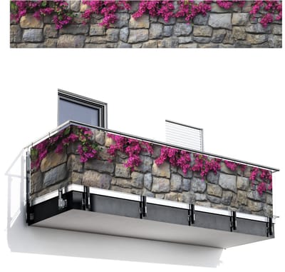 Balkonscherm 500x85 cm - Balkonposter Bougainvillea - Stenen Muur - Roze - Balkon scherm decoratie - Balkonschermen - Balkondoek zonnescherm