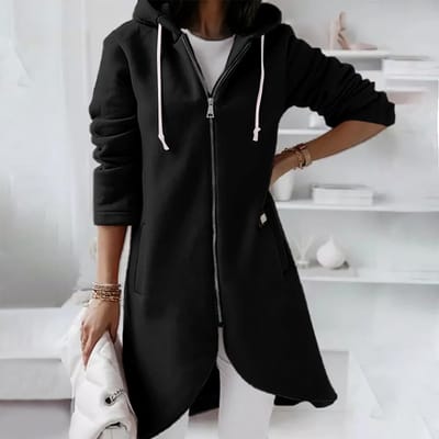 Casual losse, lange gewatteerde sweatshirtjas met rits en capuchon voor dames XXXL zwart