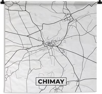 Wandkleed - Wanddoek - België – Chimay – Stadskaart – Kaart – Zwart Wit – Plattegrond - 180x180 cm - Wandtapijt